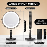 LED makeup mirror dimensions: 8-inch diameter, 15-inch height, with 360-degree swivel and USB charging port detail