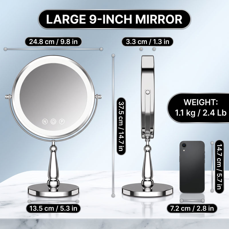 LED makeup mirror dimensions: 8-inch diameter, 15-inch height, with 360-degree swivel and USB charging port detail