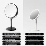 Comparison of this LED makeup mirror's premium battery and LED specs against a standard basic mirror