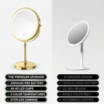 Comparison of this LED makeup mirror's premium battery and LED specs against a standard basic mirror