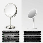 Comparison of this LED makeup mirror's premium battery and LED specs against a standard basic mirror