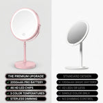 Comparison of this LED makeup mirror's premium battery and LED specs against a standard basic mirror