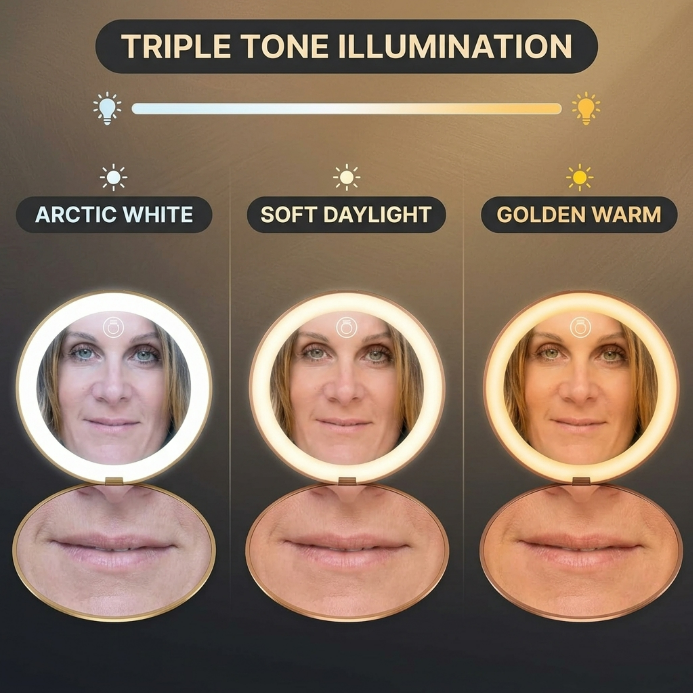 Woman applying makeup with the LED travel mirror's 1X and 3X views at an airport lounge