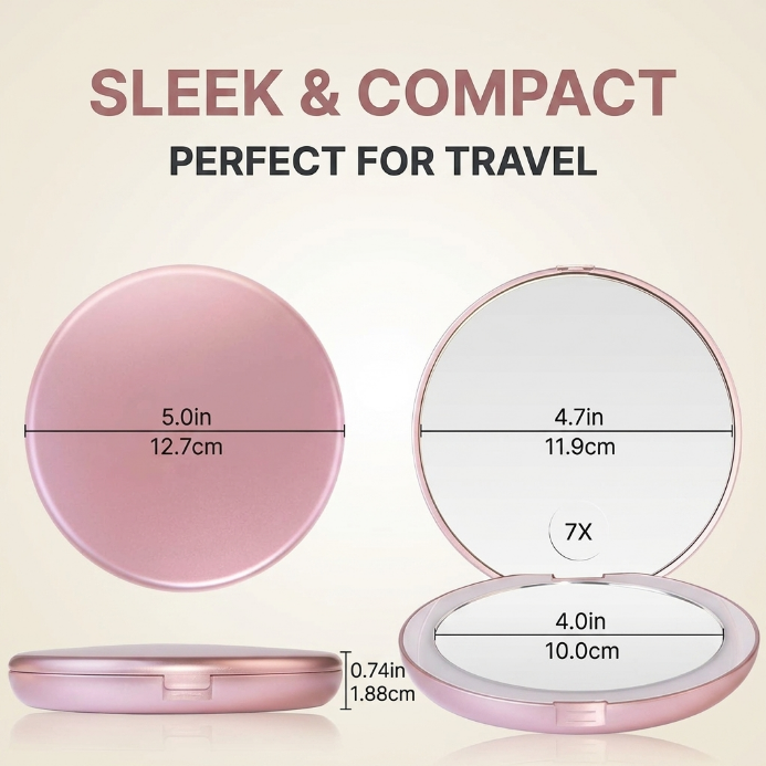 Woman applying makeup with the LED travel mirror's 1X and 3X views at an airport lounge