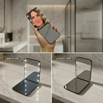 Comparison graphic showing the LED travel makeup mirror's auto-sensor lighting versus a manual-switch mirror