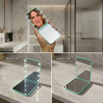 Comparison graphic showing the LED travel makeup mirror's auto-sensor lighting versus a manual-switch mirror