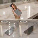 Comparison graphic showing the LED travel makeup mirror's auto-sensor lighting versus a manual-switch mirror