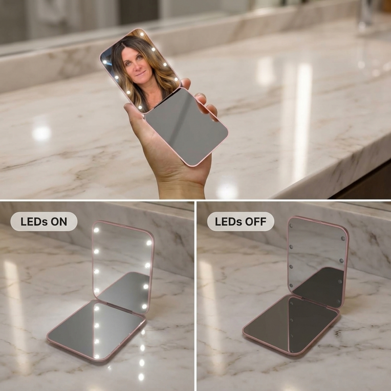 Comparison graphic showing the LED travel makeup mirror's auto-sensor lighting versus a manual-switch mirror