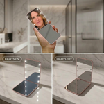 Comparison graphic showing the LED travel makeup mirror's auto-sensor lighting versus a manual-switch mirror