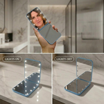 Comparison graphic showing the LED travel makeup mirror's auto-sensor lighting versus a manual-switch mirror