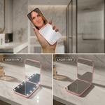 Comparison graphic showing the LED travel makeup mirror's auto-sensor lighting versus a manual-switch mirror