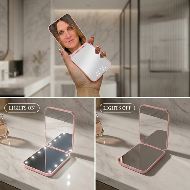 Comparison graphic showing the LED travel makeup mirror's auto-sensor lighting versus a manual-switch mirror