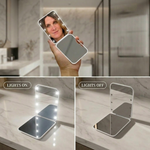 Comparison graphic showing the LED travel makeup mirror's auto-sensor lighting versus a manual-switch mirror