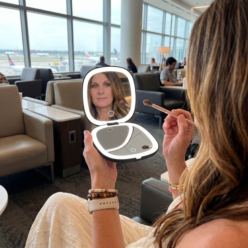 Comparison graphic showing the LED travel makeup mirror's auto-sensor lighting versus a manual-switch mirror