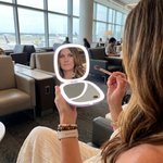 Comparison graphic showing the LED travel makeup mirror's auto-sensor lighting versus a manual-switch mirror
