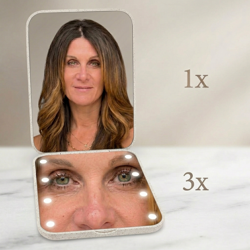 Dimension chart for the 3.3 by 2.5 inch LED travel makeup mirror