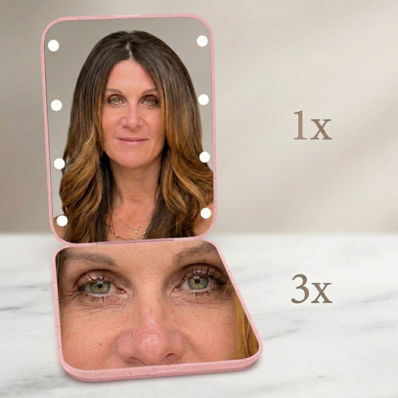 Dimension chart for the 3.3 by 2.5 inch LED travel makeup mirror