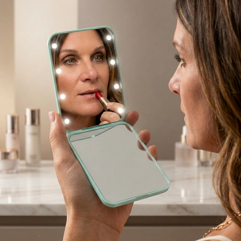Feature diagram of the LED travel makeup mirror showing its 180-degree hinge and battery compartment