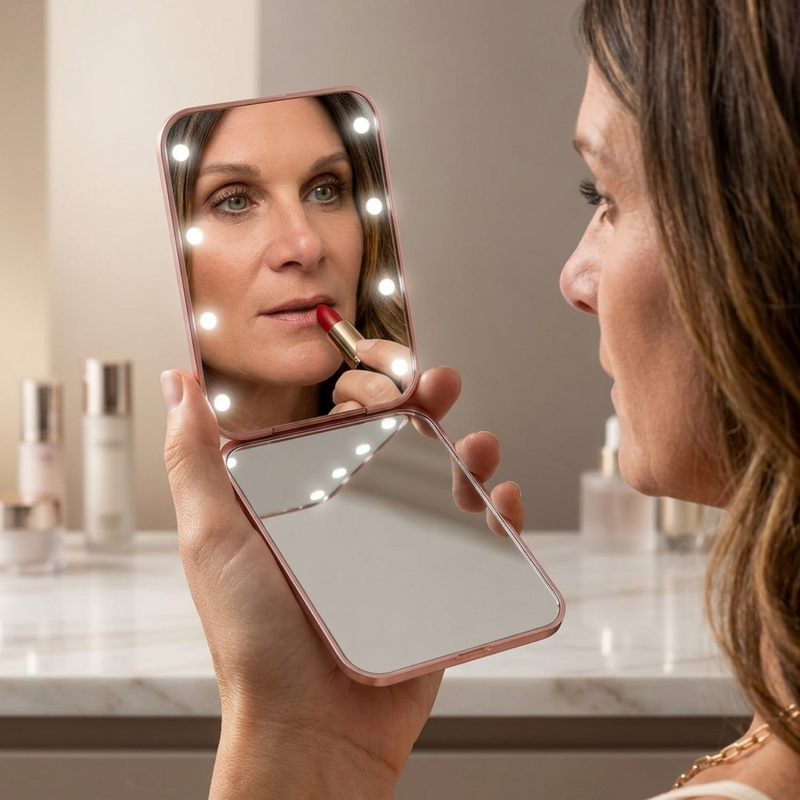 Feature diagram of the LED travel makeup mirror showing its 180-degree hinge and battery compartment