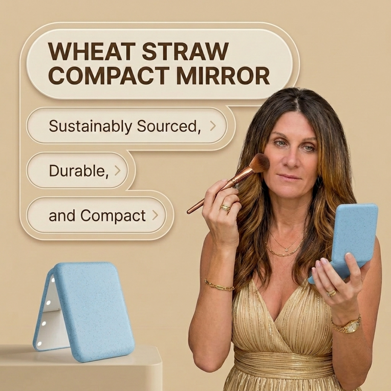 Feature diagram of the LED travel makeup mirror showing its 180-degree hinge and battery compartment