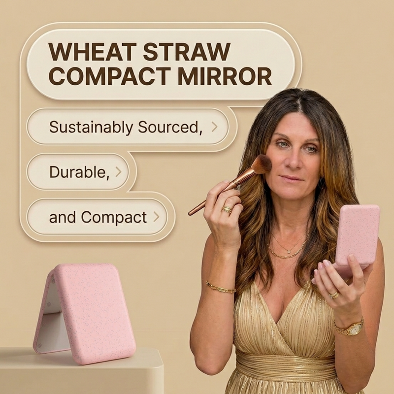 Feature diagram of the LED travel makeup mirror showing its 180-degree hinge and battery compartment