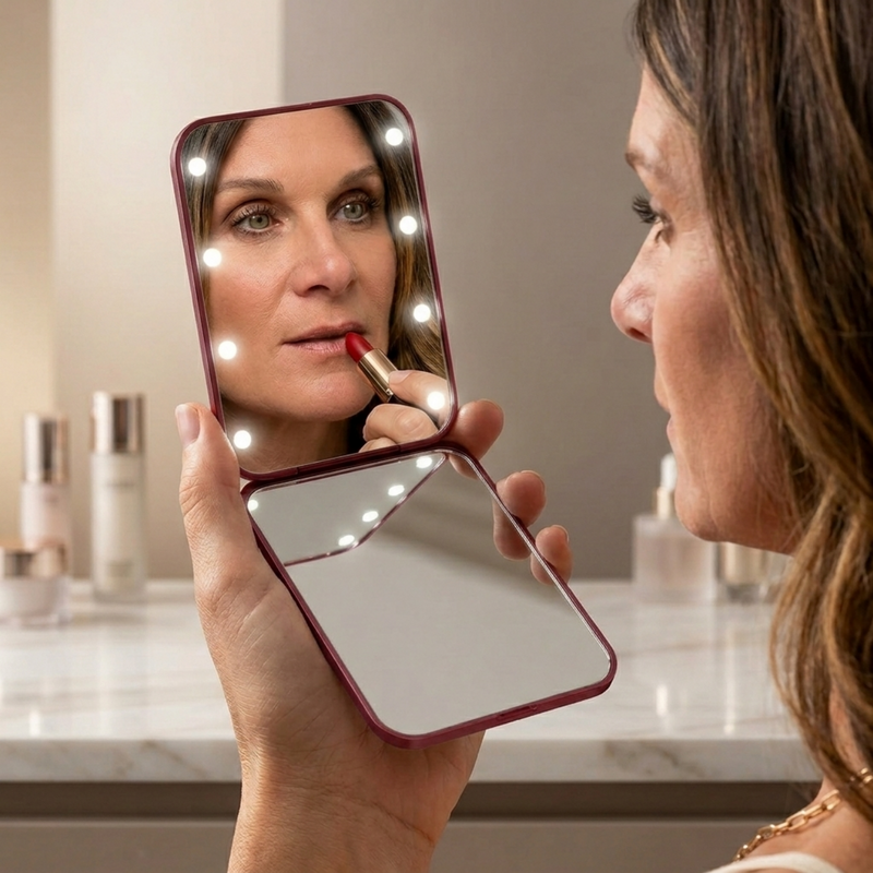 Feature diagram of the LED travel makeup mirror showing its 180-degree hinge and battery compartment