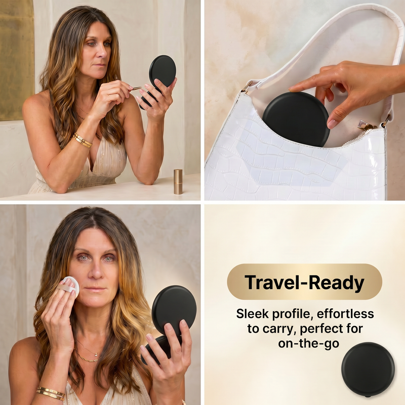 Feature diagram of the LED travel makeup mirror showing its 180-degree hinge and battery compartment