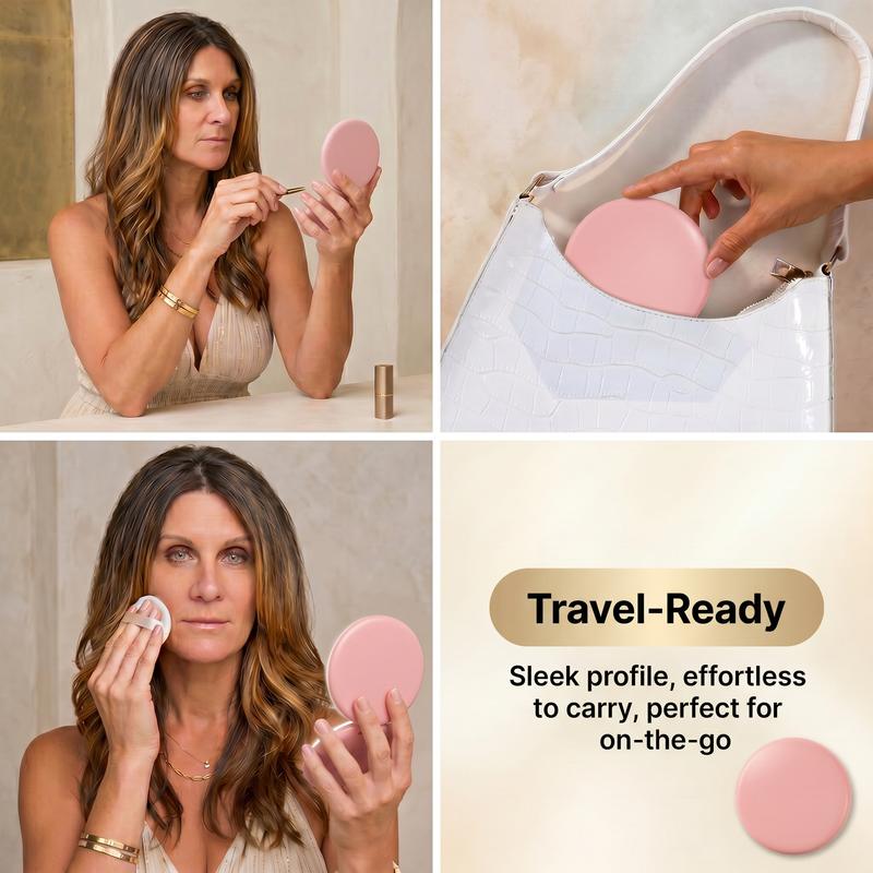 Feature diagram of the LED travel makeup mirror showing its 180-degree hinge and battery compartment