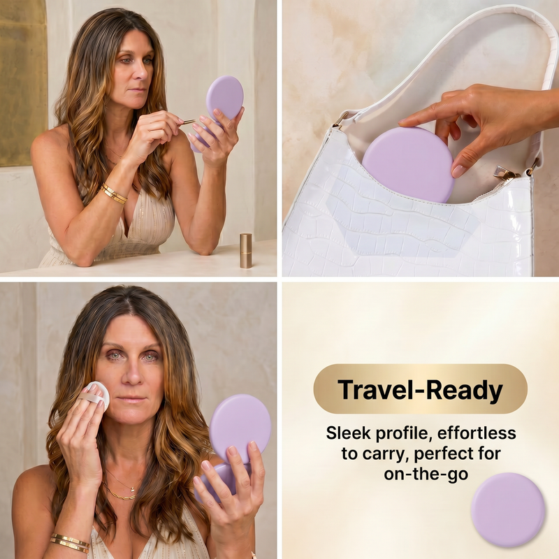 Feature diagram of the LED travel makeup mirror showing its 180-degree hinge and battery compartment