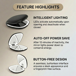 Feature diagram of the LED travel makeup mirror showing its 180-degree hinge and battery compartment