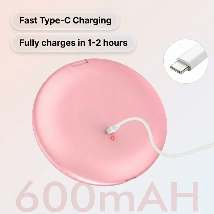 Feature diagram of the LED travel makeup mirror showing its 180-degree hinge and battery compartment