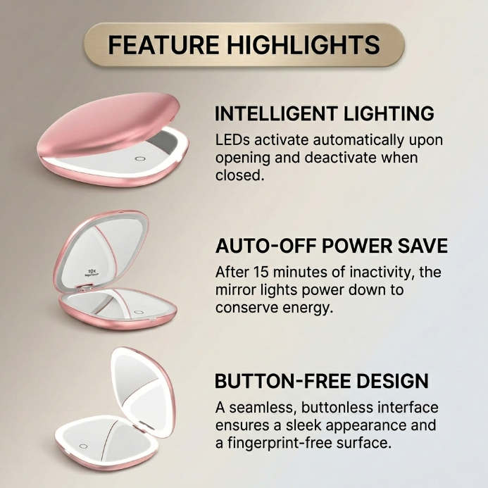 Feature diagram of the LED travel makeup mirror showing its 180-degree hinge and battery compartment