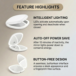 Feature diagram of the LED travel makeup mirror showing its 180-degree hinge and battery compartment