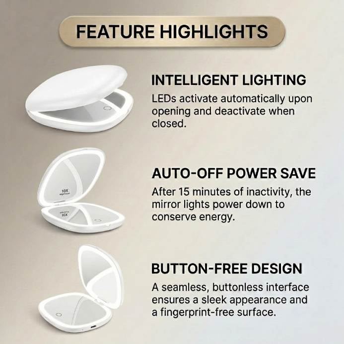 Feature diagram of the LED travel makeup mirror showing its 180-degree hinge and battery compartment
