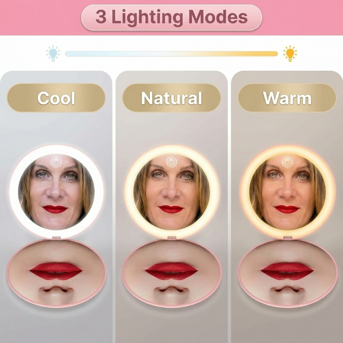 Close-up of a woman applying lipstick using the lit LED travel makeup mirror