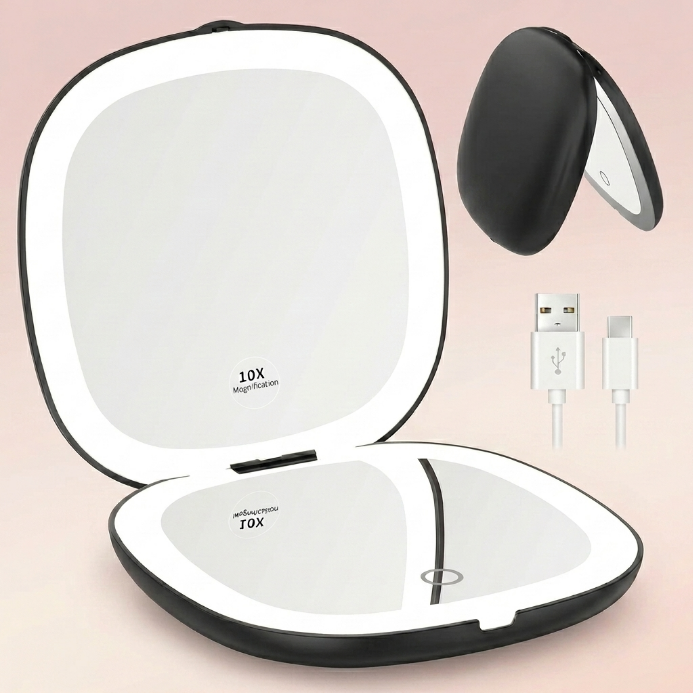 LED travel makeup mirror in pink, shown closed and open with LED lights on