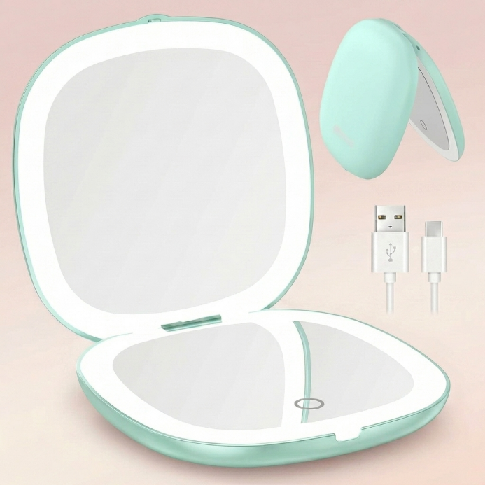 LED travel makeup mirror in pink, shown closed and open with LED lights on