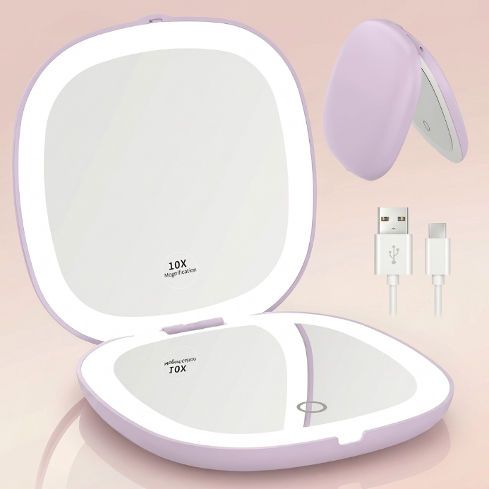 LED travel makeup mirror in pink, shown closed and open with LED lights on