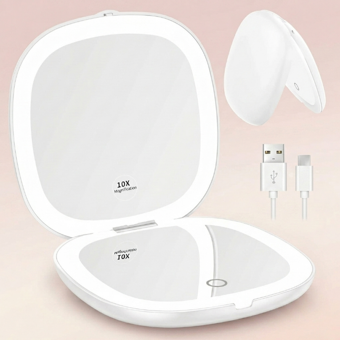 LED travel makeup mirror in pink, shown closed and open with LED lights on