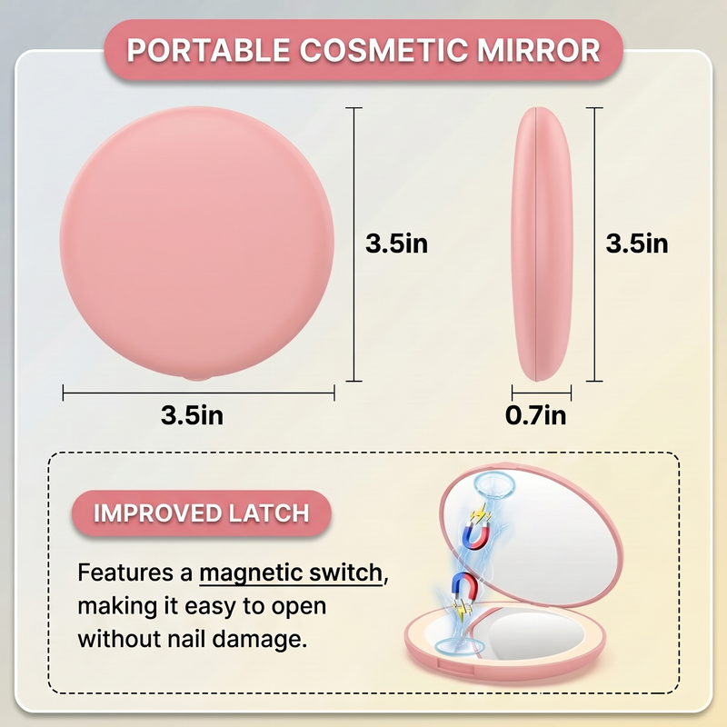 Side profile of the pink LED travel makeup mirror showing its slim, foldable design
