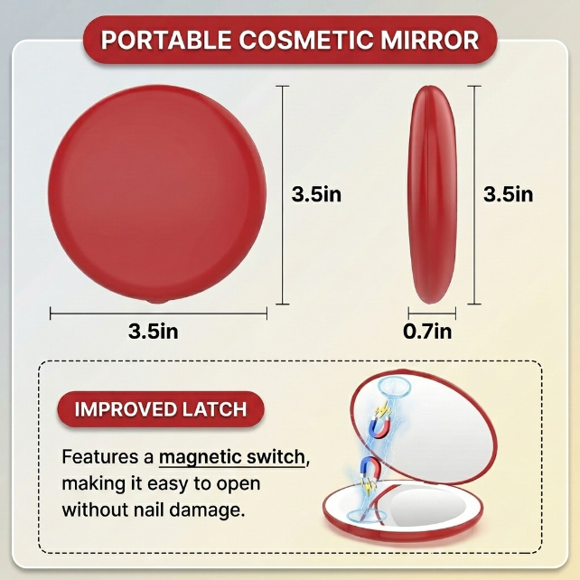 Side profile of the pink LED travel makeup mirror showing its slim, foldable design