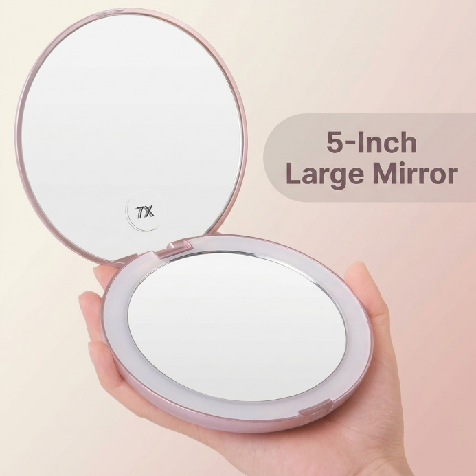 Side profile of the pink LED travel makeup mirror showing its slim, foldable design