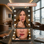 Pink LED travel makeup mirror being carried in a pocket, showing its compact size