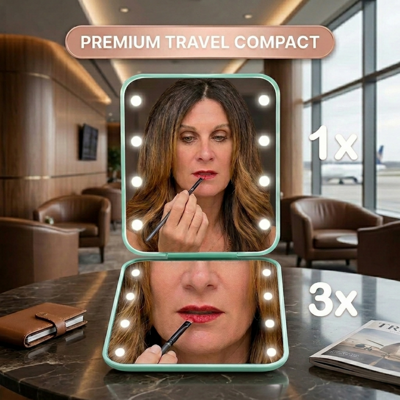 Pink LED travel makeup mirror being carried in a pocket, showing its compact size