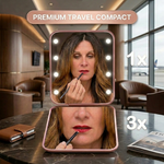 Pink LED travel makeup mirror being carried in a pocket, showing its compact size