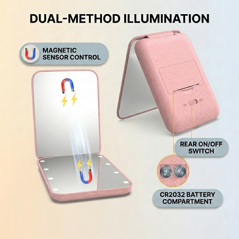 Pink LED travel makeup mirror being carried in a pocket, showing its compact size