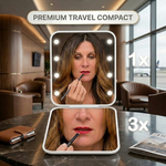 Pink LED travel makeup mirror being carried in a pocket, showing its compact size