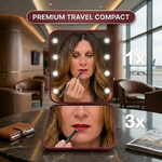 Pink LED travel makeup mirror being carried in a pocket, showing its compact size