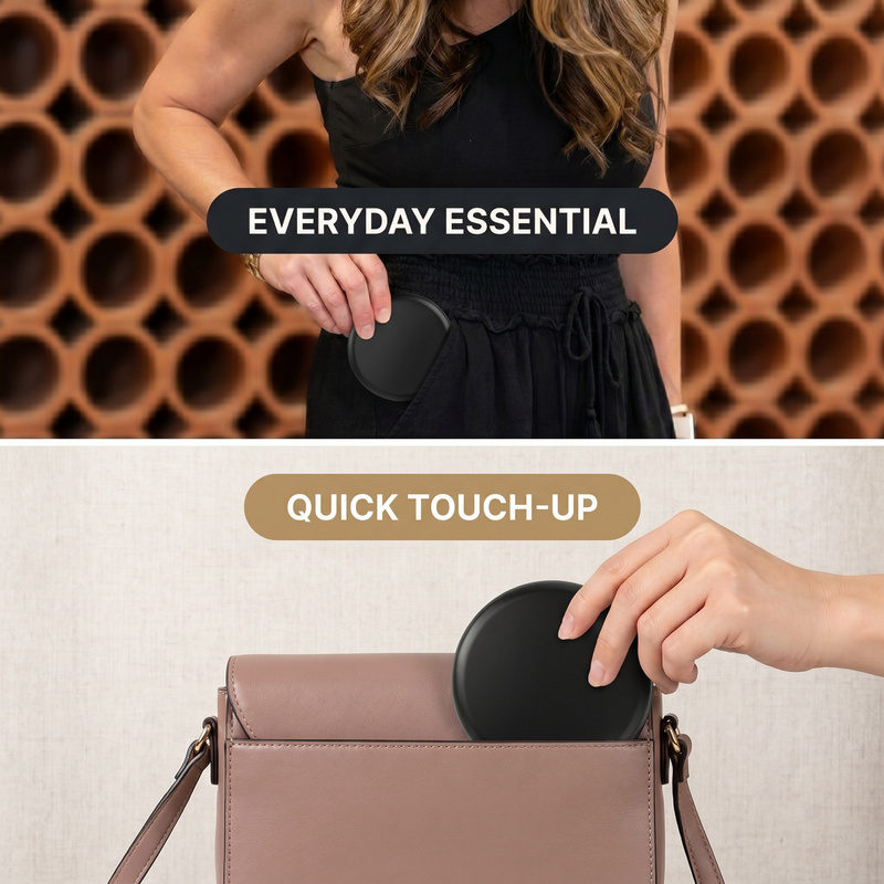 Pink LED travel makeup mirror being carried in a pocket, showing its compact size