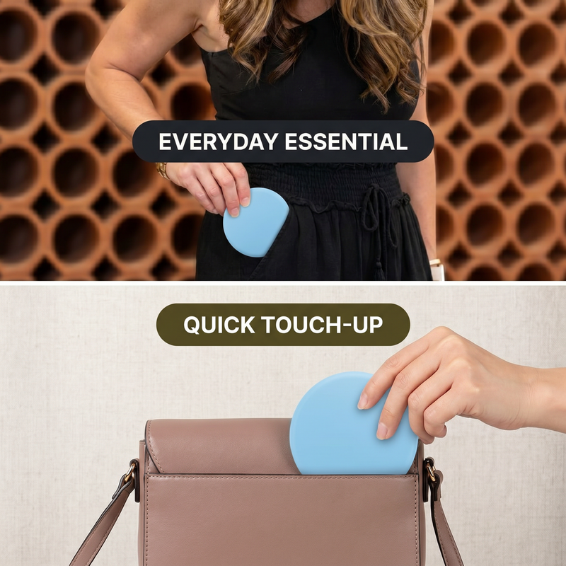 Pink LED travel makeup mirror being carried in a pocket, showing its compact size